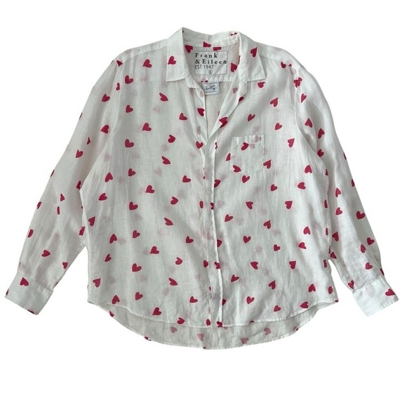 Frank & Eileen Eileen Pink Messy Hearts 100% Linen Button Up Size L‎ - Picture 2 of 12